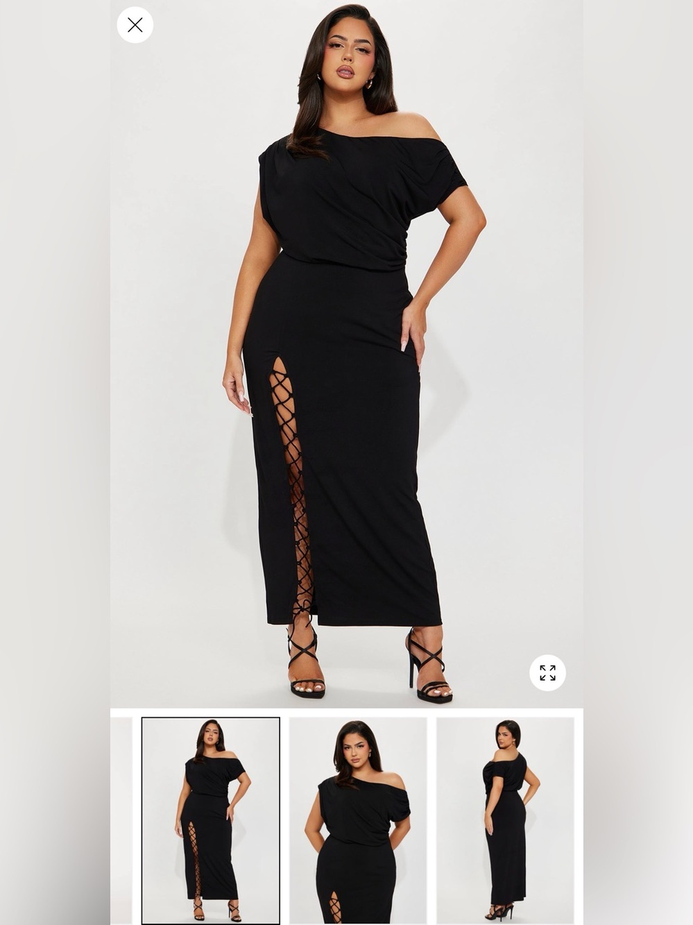 Plus One-Shoulder Black Maxi Dress with Lace-Up Thigh Slit